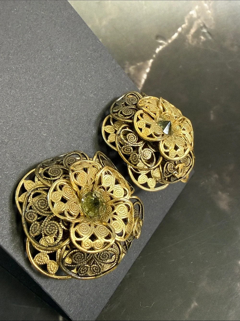 CHANEL Gold Filigree Floral Clip-On Earrings with Olive Center
